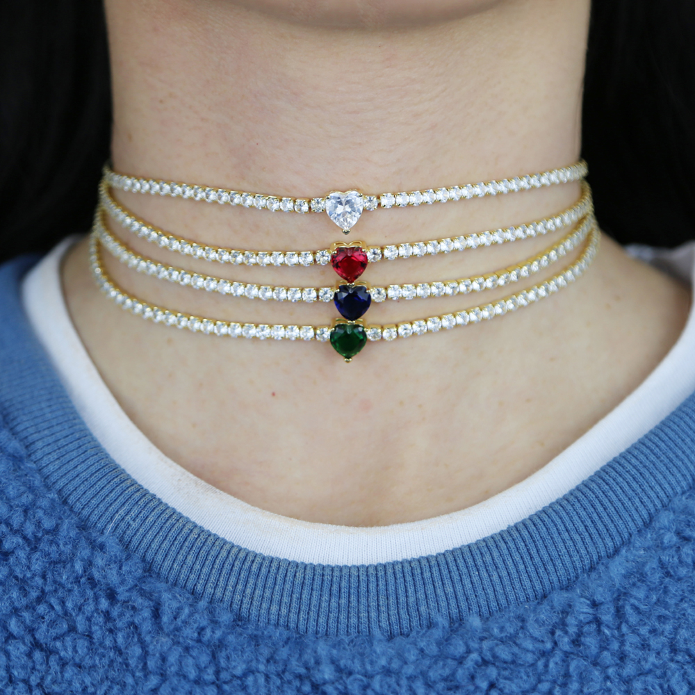 2021 Valentine's Day Gift 3mm Thin Tennis Chain Rainbow Colorful Red Green Blue White CZ Heart Gold Plated Girl Choker Necklace
