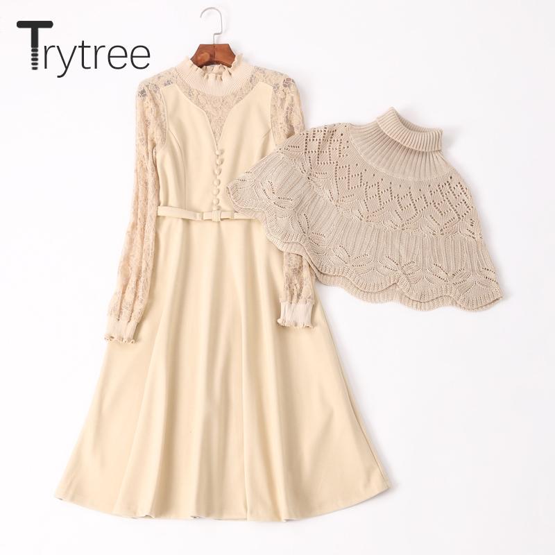 Trytree Autumn Winter Women Dress Casual Turtleneck Shawl Lace Patchwork Button Belt 2 Colour A-line Fashion Knee-Length Dress 201125