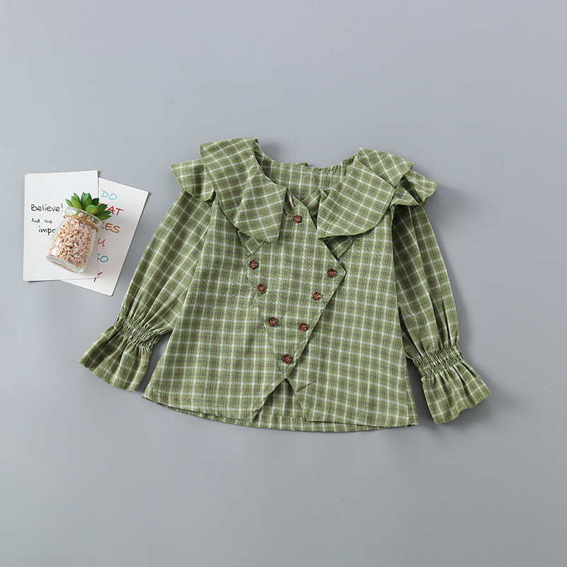 New Arrivel Girls Clothes Yellow And Green Grid Shirt + Denim Skirt 2pcs Suit Girl Clothing Set Autumn Children School ClothesX1019