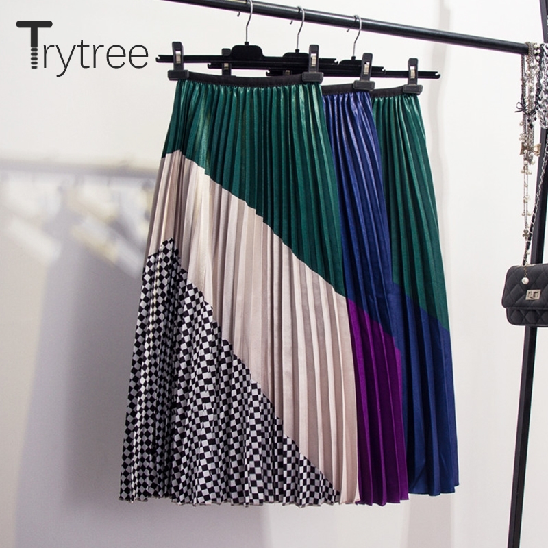 Trytree Summer Autumn Pleated Skirt Women Striped Patchwork Plaid Skirt Mid-Calf Elastic Waist Skirts A-Line High Street Skirt Y200326, Purple
Trytree Summer Autumn Pleated Skirt Women Striped Patchwork Plaid Skirt Mid-Calf Elastic Waist Skirts A-Line High Street Skirt Y200326, Purple