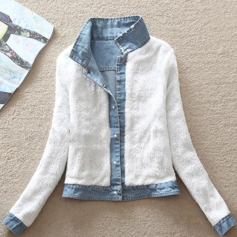 Denim Jackets Fur Collar Hooded Warm Parka Winter Jacket Women Lamb Fur Padded Denim Outwear Female Plus Velvet Coat ZO012 201026