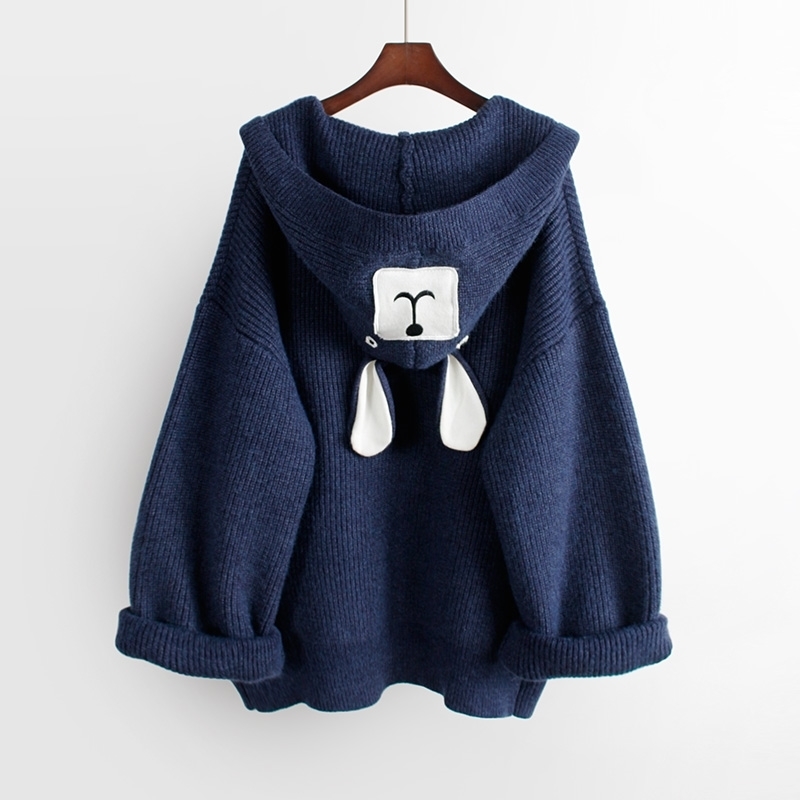 Neploe Women Hooded Cardigan Sweater Cartoon Applique Loose Medium-long Knitwear Coat Autumn Winter Knit Open Stitch 55403 201030