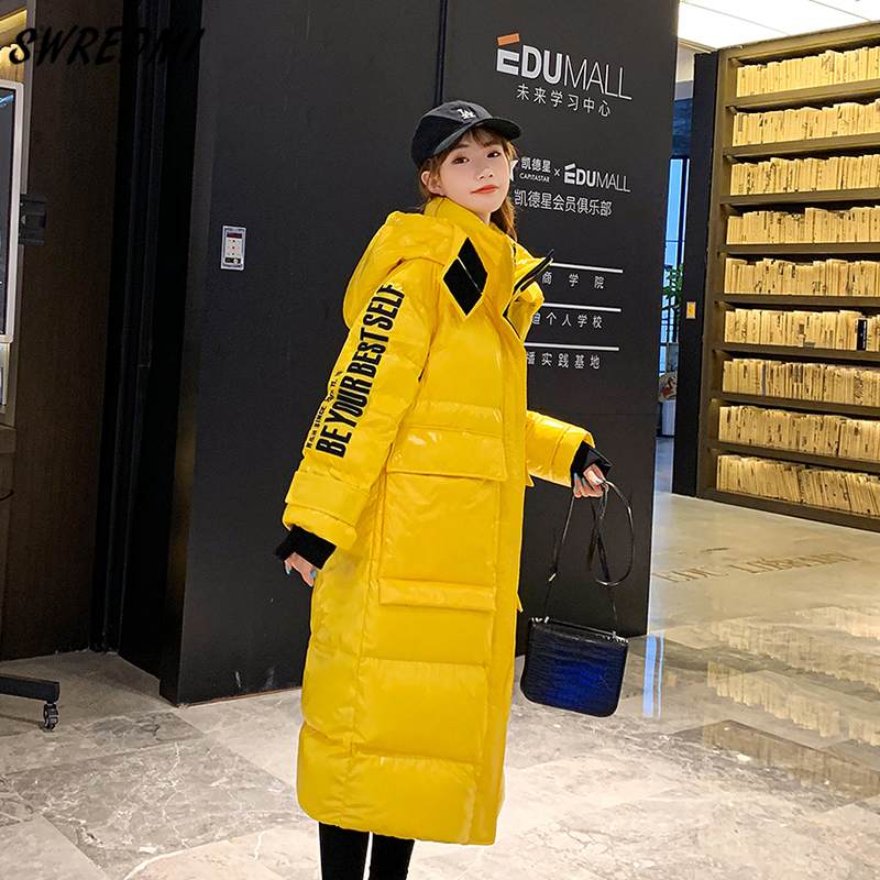 Glossy Winter Jackets Women Hooded Waterproof Female Jacket Fashion Winter Coat Long Reflective Jacket Warm Parkas SWREDMI 201126