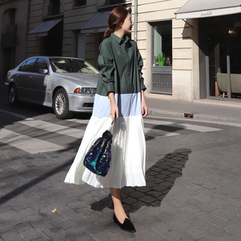 Twotwinstyle Patchwork Dress Female Lapel Collar Big Size Midi Long Pleated Dresses Women Spring Fashion Korean Clothing Y200930
