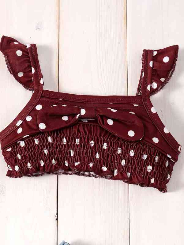 Baby Polka Dot Print Ruffle Trim Shirred Cami Top & Denim Shorts SHE