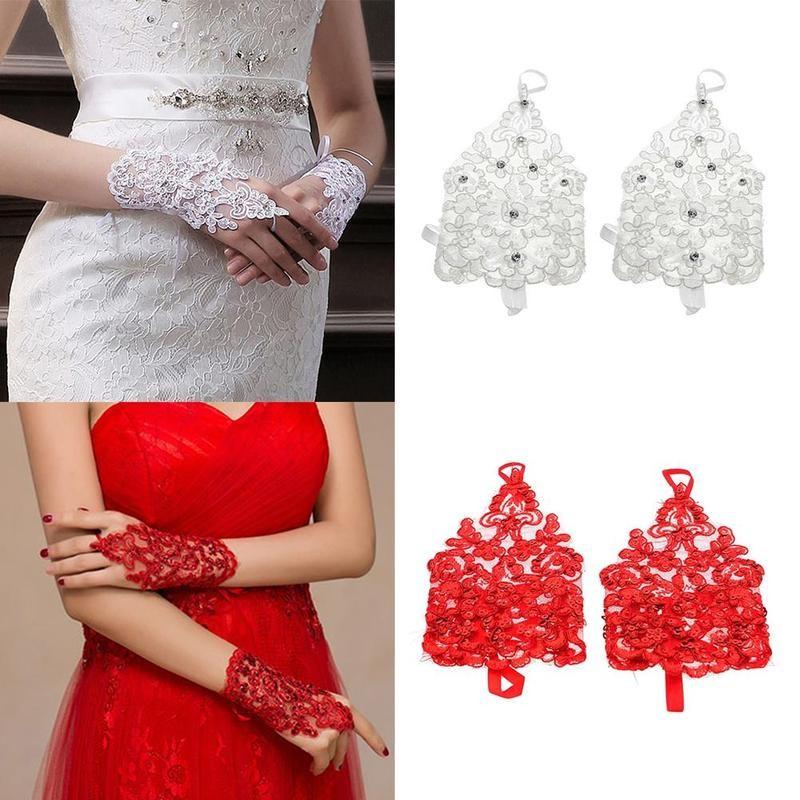 

2Pcs Rhinestone Lace Ribbon Short Fingerless Gloves Prom Wristband Appliques Gloves Bracelet Accessories White Red