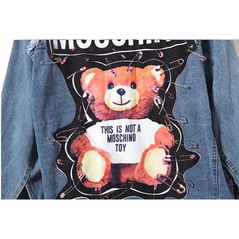 Women's Ladies Bear Patch Denim Jacket With Sequins Pins Women Punk Beadings Long Sleeve Loose Street Wear Jeans Jackets Coat 201106