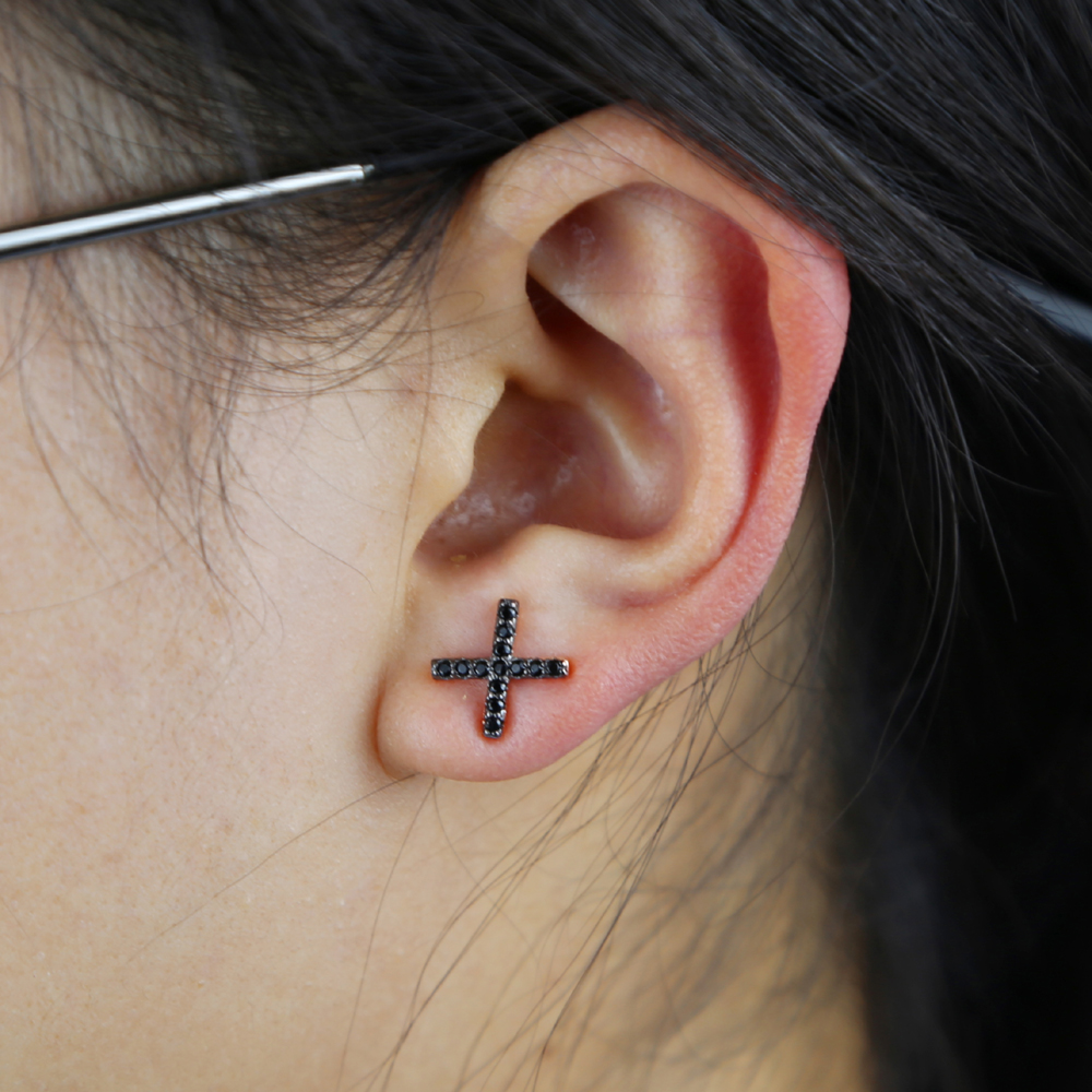 Delicate Rose Gold Color Classic Black Cz Paved X Cross Charm Stud Earring for Women Real 925 Sterling Silver Engagement Jewelry