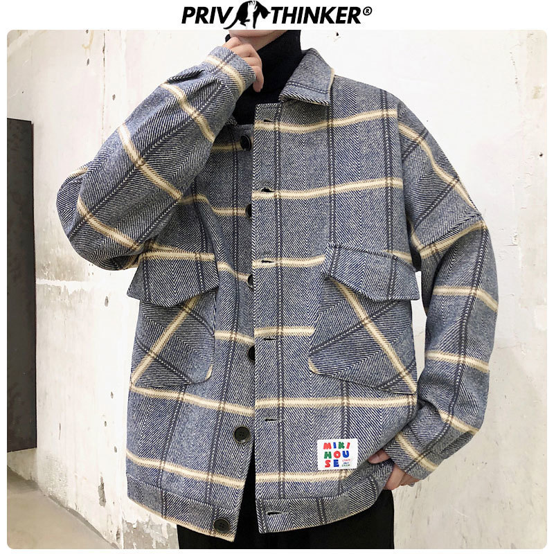 Privathinker Korean Men Plaid Jackets 2020 New Man Casual Loose Coats Streetwear Man Woolen Jackets 3XL Male Clothes T200502