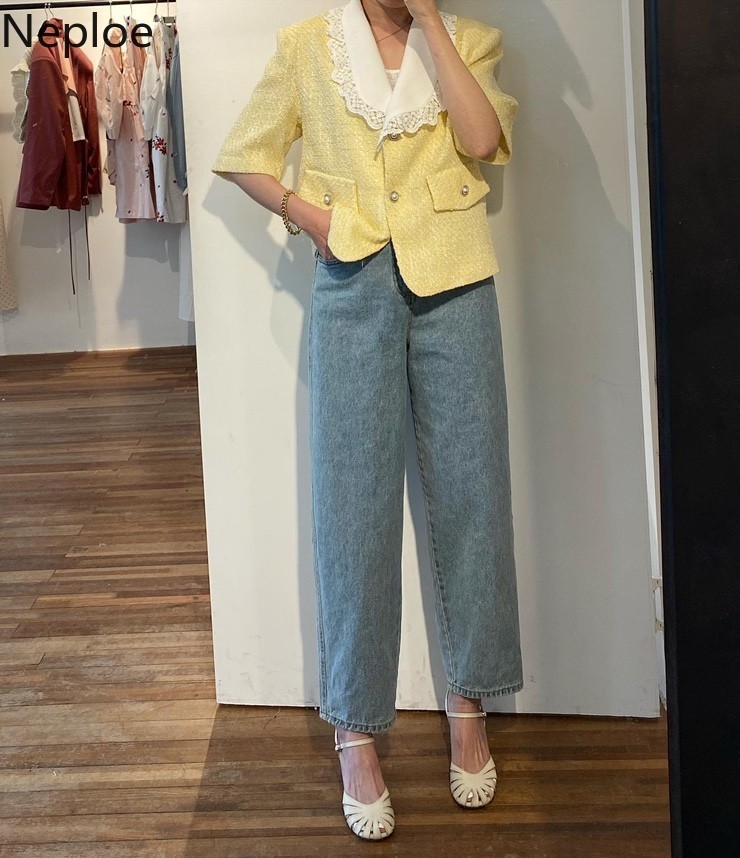 Neploe Lace Patchwork Jacket Women spring Korean Ins Single Breatsed Long Sleeve Coats Femme Loose Fashion Ladies Top 1C856 201112