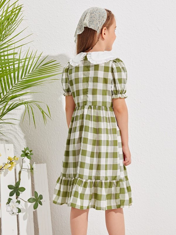 Girls Peter Pan Collar Puff Sleeve Gingham Dress SHE