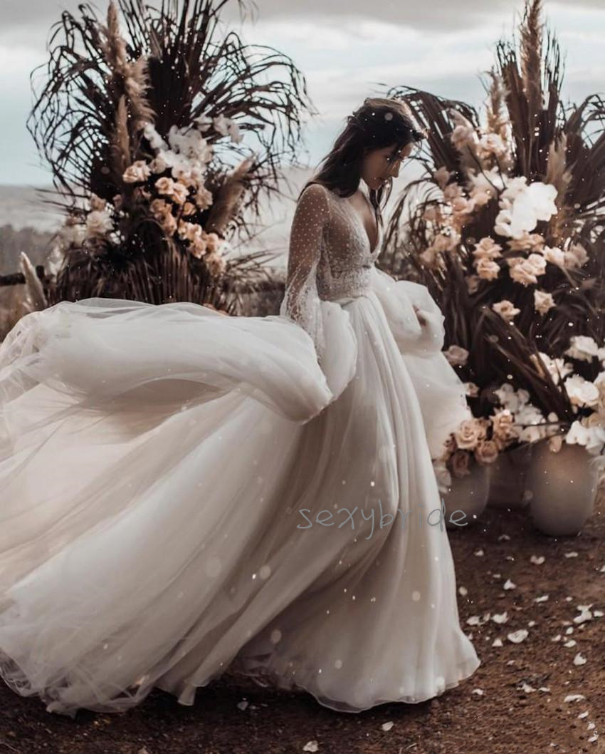 Two Piece Bohemian Dresses Puffy Tulle Skirt wy Boho Beach Wedding Dress Illusion Long Sleeve Country Bridal Gowns Newest