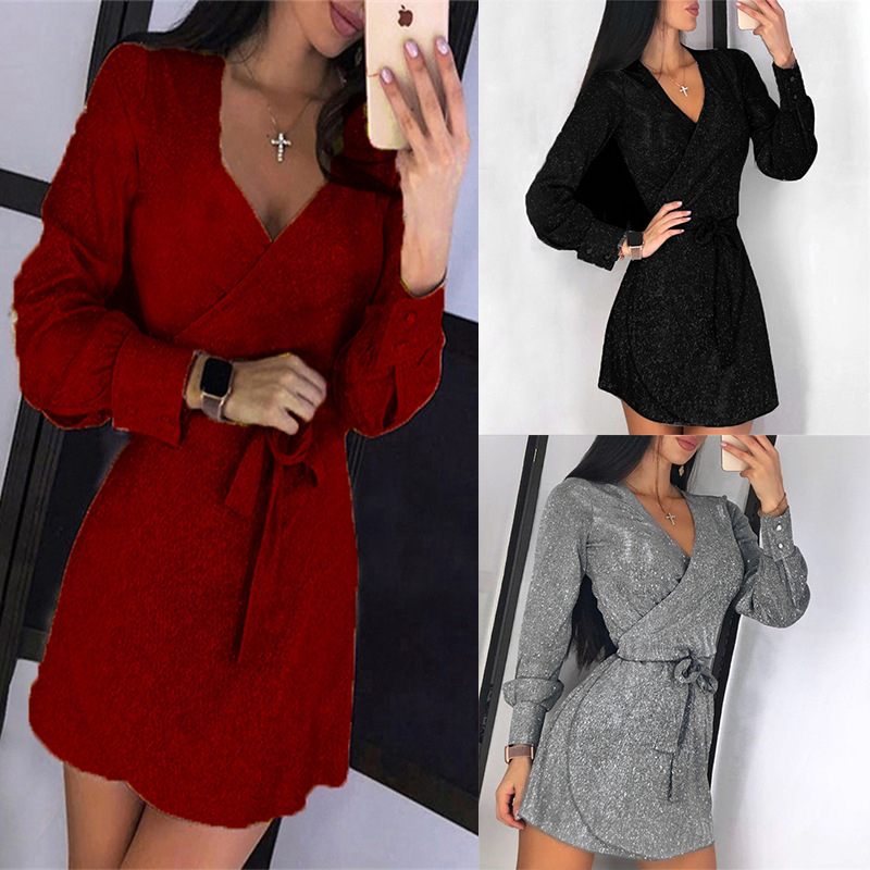 Fashion Long Sleeve Dress Women Plus Size Casual mini Dress Bodycon Slim Sequin Sexy Club Elegant Autumn Dress Women Vestidos 201126