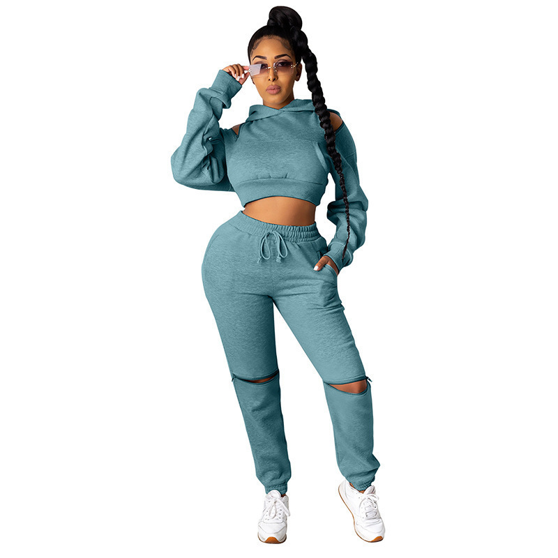 Women Clothing tracksuits Two Piece Set Winter Tracksuit Ladies Hooded Strapless Pullover Long Pants Suits Female Casual Sports Outfits