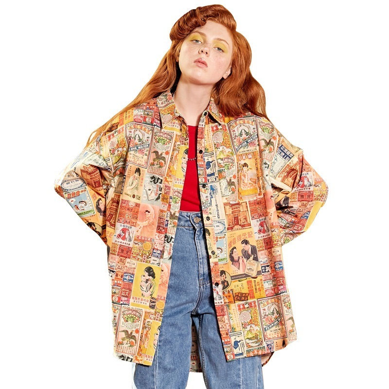 UNIFREE New autumn women shirts brown top trend personality printing lapel long sleeve loose shirt women tops T200321