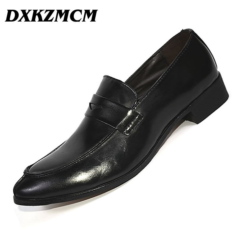 DXKZMCM Leather Business Men Dress Loafers Pointy Black Shoes Oxford Men Breathable Formal Wedding Shoes Y200420