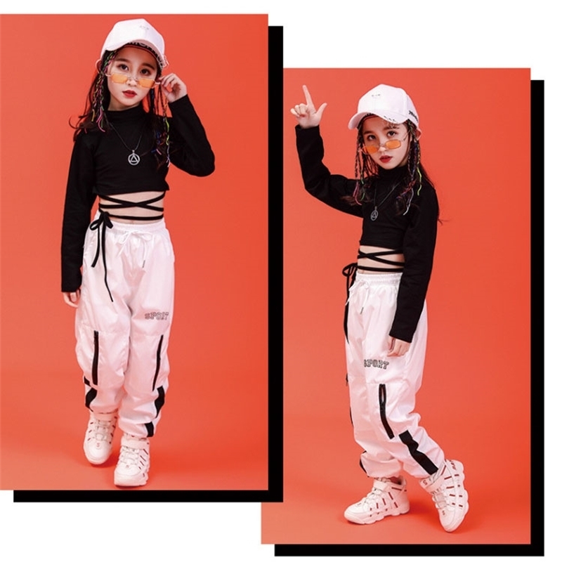 For 10 12 14 16 Years Children Hip Hop Clothing Black T-Shirt Top Crop Pants Girls Jazz Dance Costume Ballroom Dancing Clothes 201031