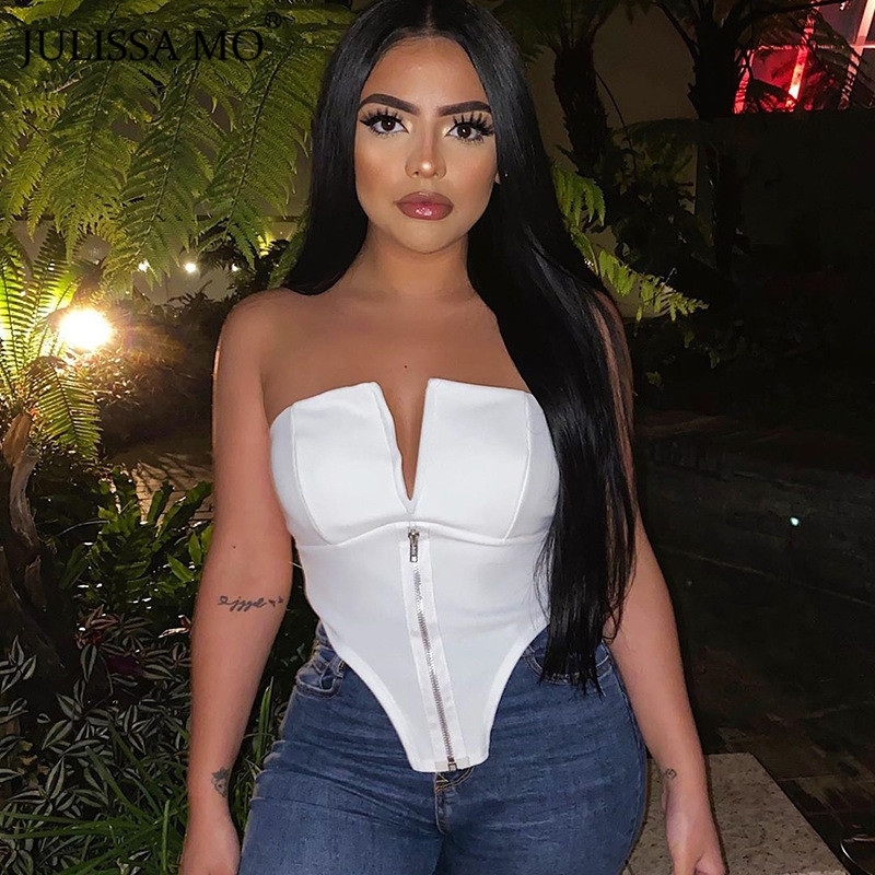 JULISSA MO Sexy V Neck Zipper Vest Tank Top Summer Sleeveless Backless Bustier Corset White Casual Underwear Women Crop Tops Y200824
JULISSA MO Sexy V Neck Zipper Vest Tank Top Summer Sleeveless Backless Bustier Corset White Casual Underwear Women Crop Tops Y200824