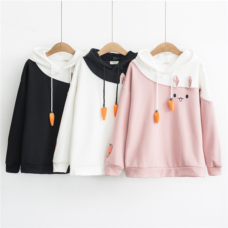 Merry Pretty Women Hoodies Animal Lovely Pullover Kawaii Rabbit Sweatshirt Cute Bunny Graphic Outerwear Pink Black Hoodie Girls 200924