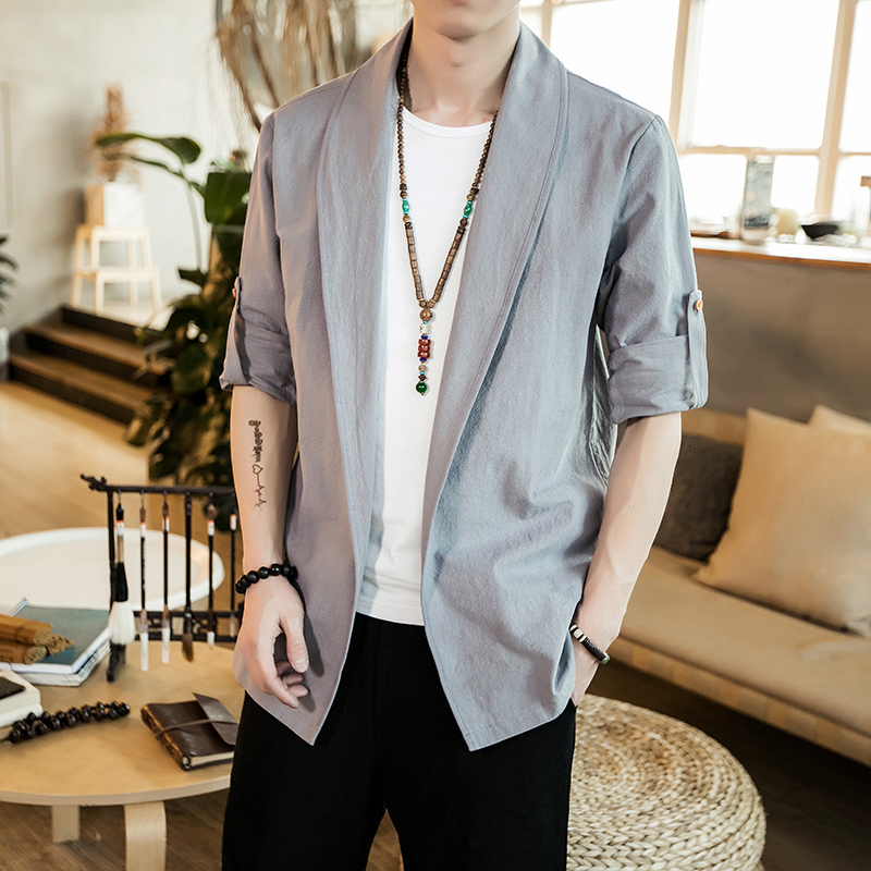 MrGoldenBowl Store Men Kimono Jackets Mens Open Stitch Traditional Solid Jackets Coats Male Streetwear Button Cardigan Plus Size 201111