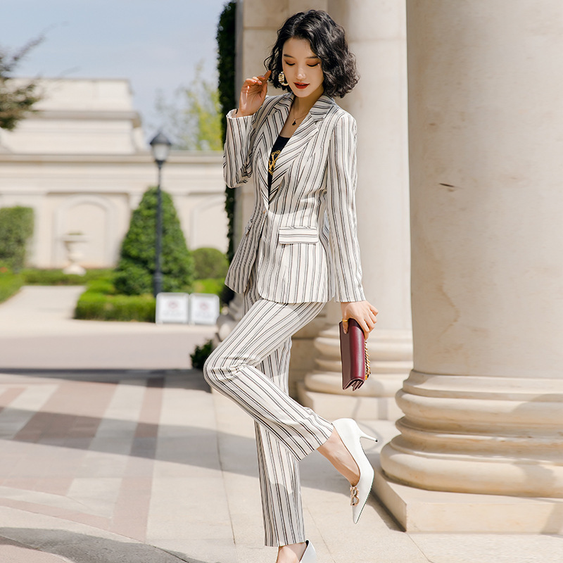 2020 new professional pants suit feminine High quality striped women's blazer Elegant career interview clothing female overalls T200818
