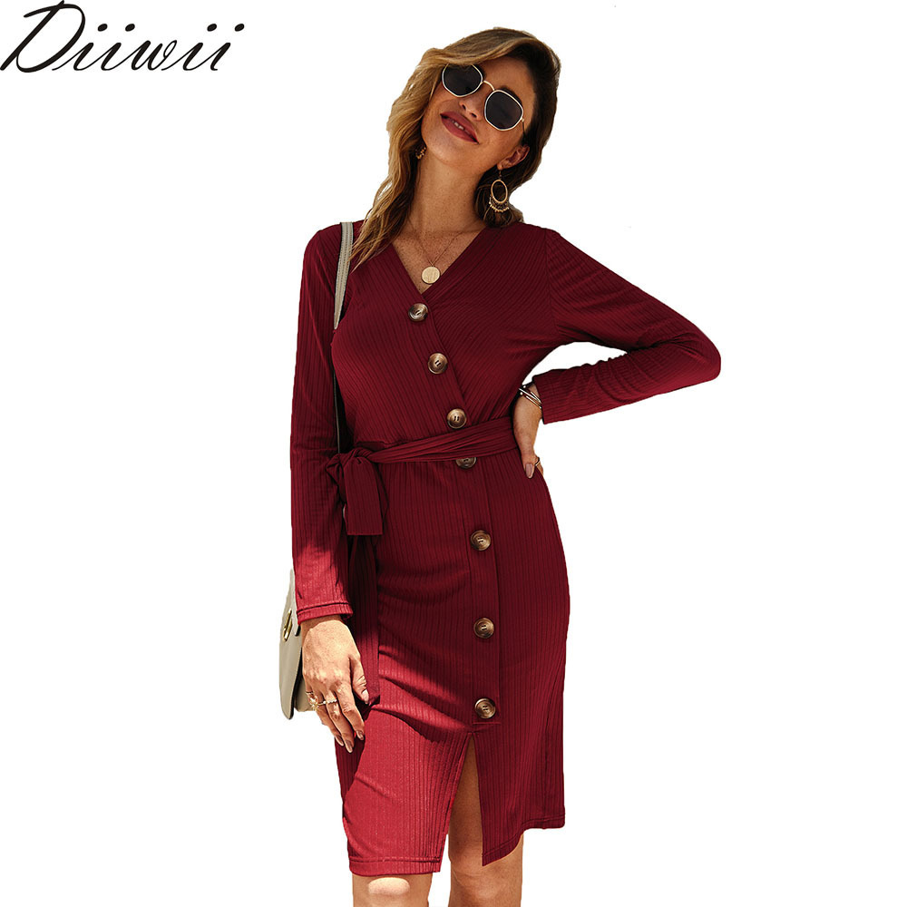 Diiwii V Neck Singlebreasted Slim Ladies Office Autumn Winter Solid Sashes Knitted Dress Women Cotton Full Sleeve Casual 201125