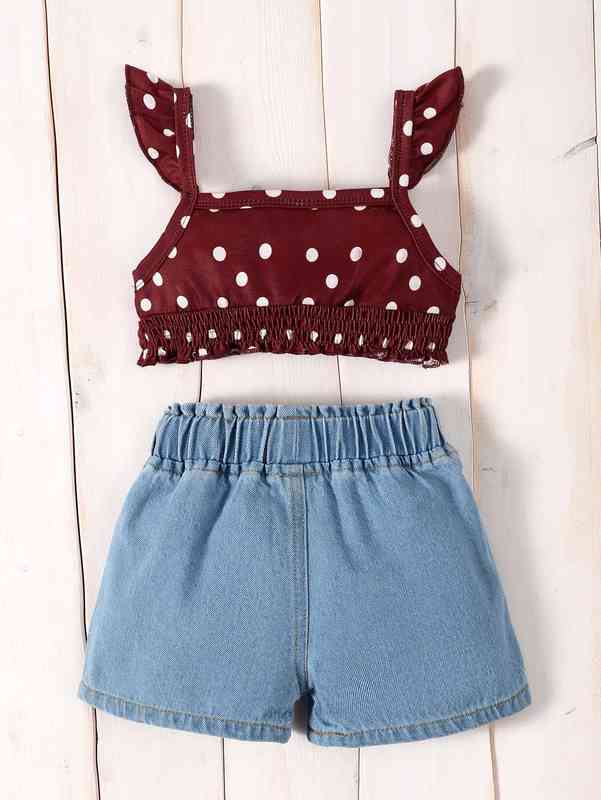 Baby Polka Dot Print Ruffle Trim Shirred Cami Top & Denim Shorts SHE