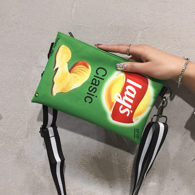 Funny Potato Chips Crossbody Handbag Women Canvas Shoulder Bag Mini Cartoon Printing Girl Envelope Bags Female Clutch Cute Purse Q1221