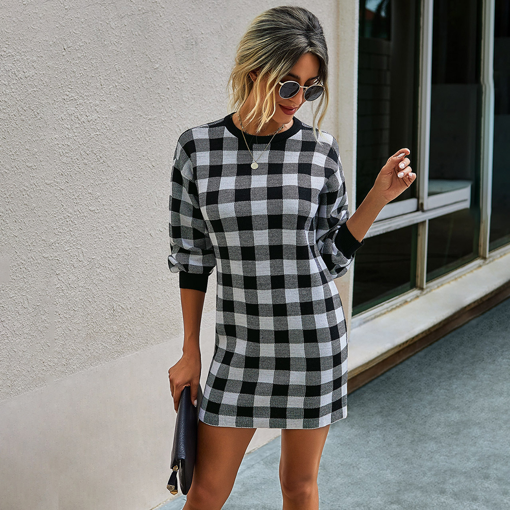 Sweater Dress Women Autumn Winter Elegant Office Plaid Long Sleeve Knit Clothes Slim Fit Black Ladies Dresses New Arrival 201125