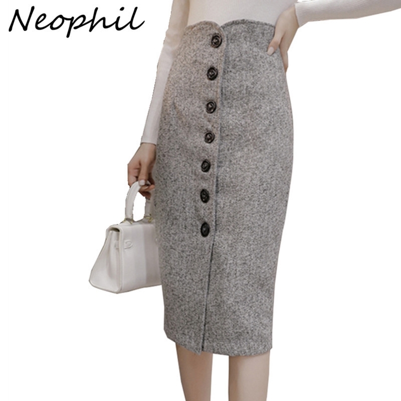 Neophil High Waist Woolen Button Pencil Midi Skirts Office Ladies Office Elegant Grey Winter Wool Wrap Skirts Faldas S1738 T200106
