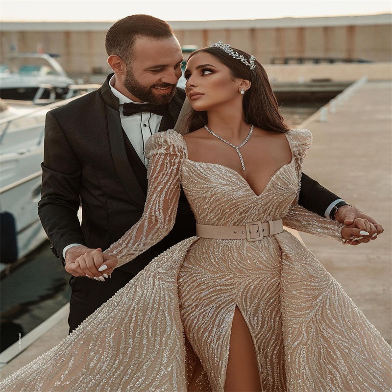 Dubai Mermaid Wedding Dress With Detachable Glitter Sequins Long Sleeve Robe De Marie Sweep Train Church Champagne Bridal Gown