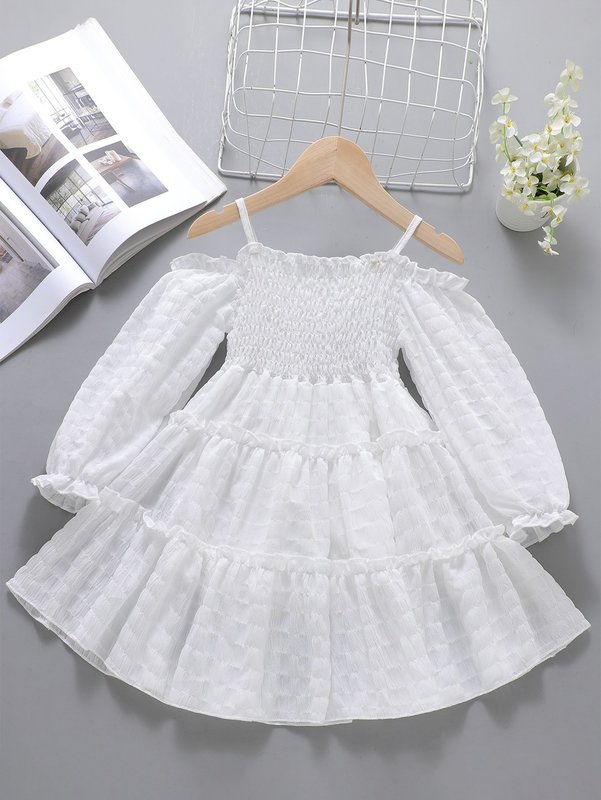 Girls Shirred Frilled Cold Shoulder Flounce Sleeve Ruffle Hem Chiffon Dress SHE