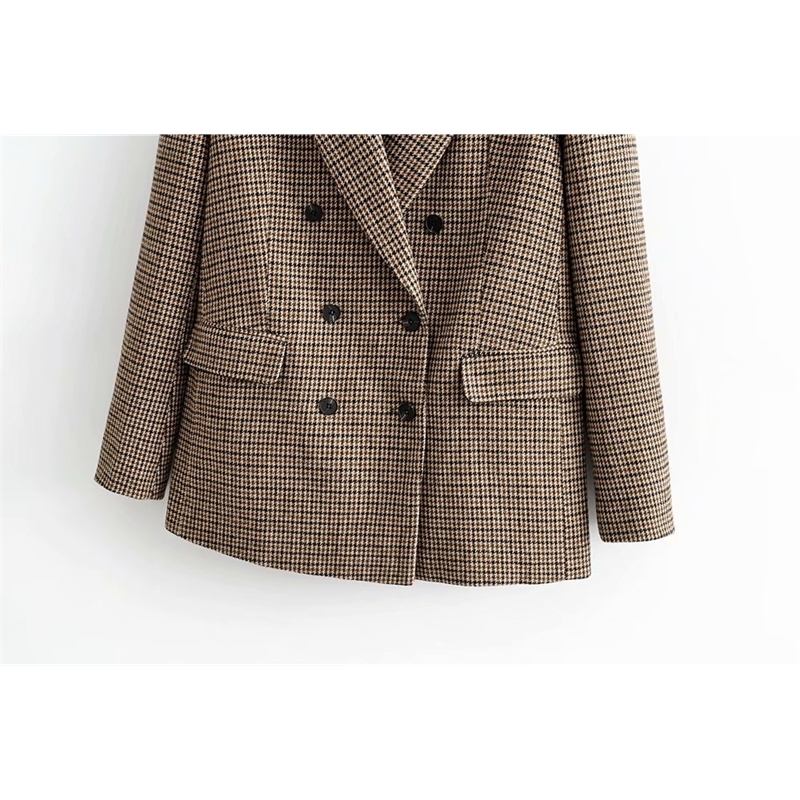 Winter Woolen Lattice Suit Jacket Ladies Office Blazer Double Breasted Loose Coat European Women Clothing 201030