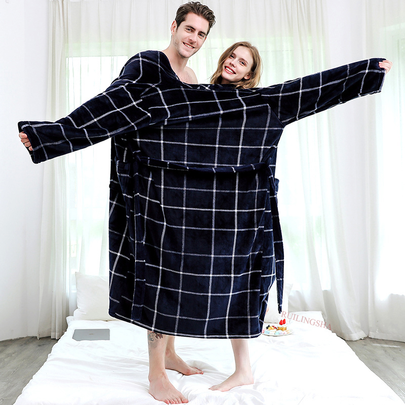 Men Winter Plaid Plus Size Long Coral Fleece Bathrobe 40130KG Warm Flannel Bath Robe Kimono Robes Dressing Gown Night Sleepwear 201111