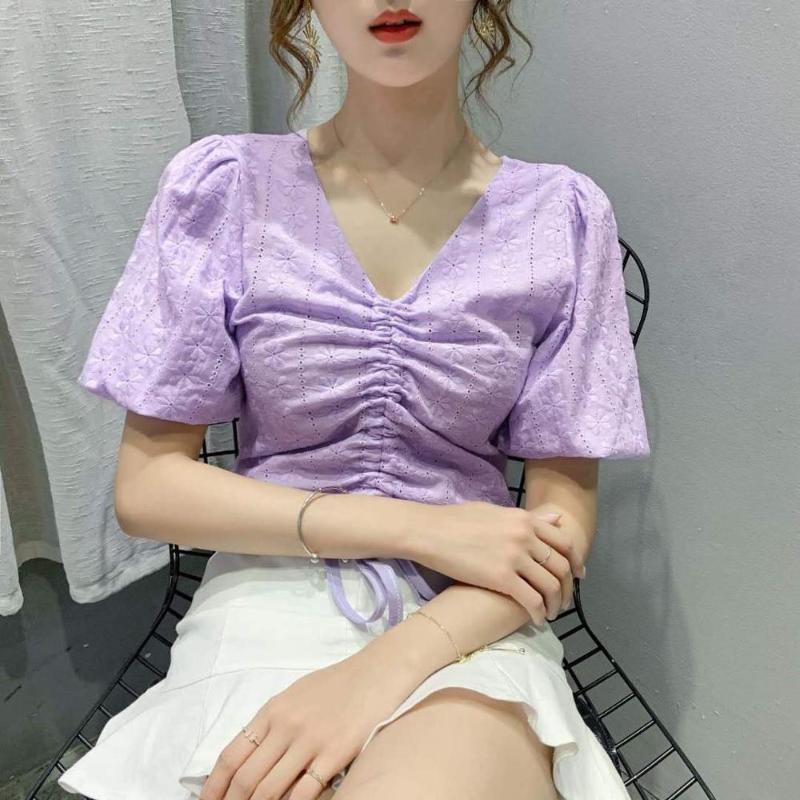 Solid Cotton Short Sleeve T-shirts V-neck Drawstring Women Short Tops Puff Sleeve Tees Purple White Size L XL Free Shipping