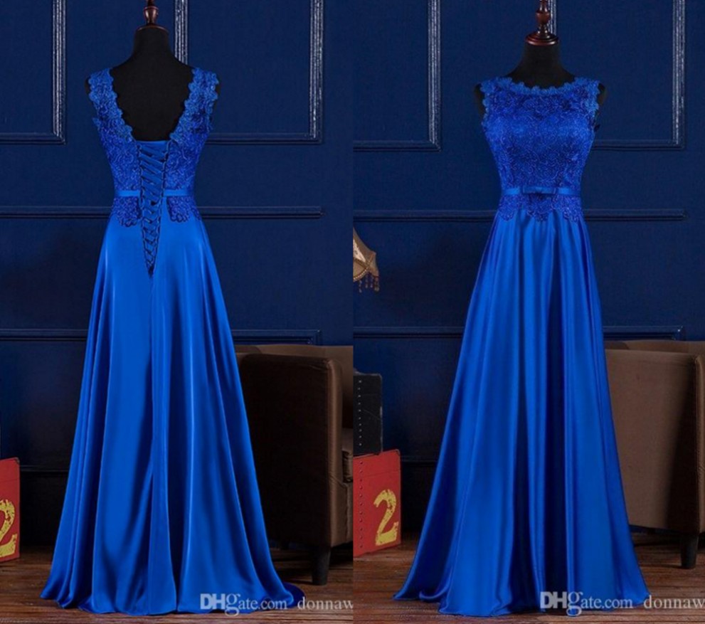 New Boat Neck Lace Satin Long Evening Dress Royal Blue Burgundy 2022 Floor Length Prom Party Gown Elegant robe de soiree