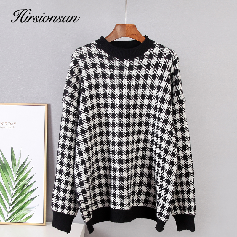 Hirsionsan Khaki Houndstooth Cashmere Sweater Women Loose Casual Knitted Pullovers Autumn Soft Knitwear Female Retro Jumper 201224