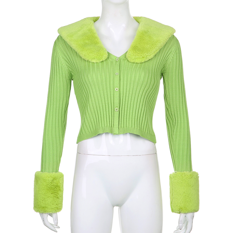 Sweetown Ribbed Knitted Ladies Cardigans Sweaters With Fur Trim Collar Long Sleeve Slim Autumn Winter Jumpers Women Knitwear Y2K 201119