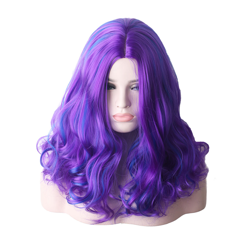 Midlle Hairline Natural Wig WoodFestival Purple Synthetic Hair Cosplay Wigs Women Ombre Wavy Colored Blue Medium Length