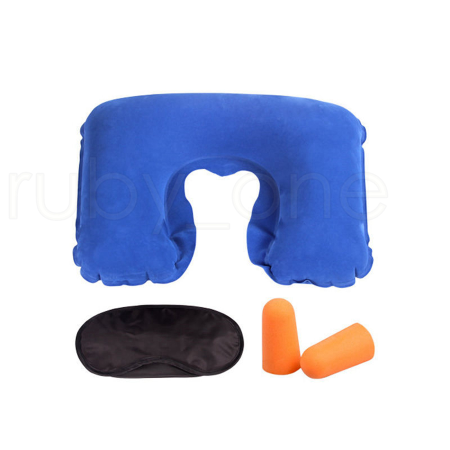 3 In 1 Outdoor Camping Car Airplane Travel Kit Inflatable Neck Pillow Cushion Support+Eye Shade Mask Blinder+Ear Plugs Tools