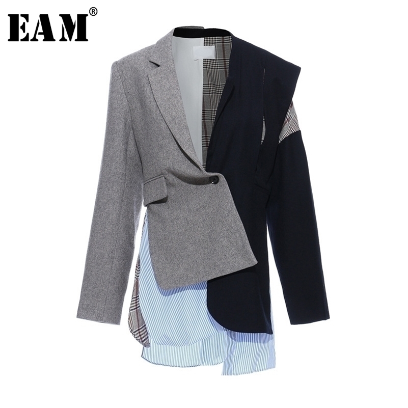 EAM Women Gray Plaid Striped Split Joint Blazer Lapel Long Sleeve Loose Fit Jacket Fashion Spring Autumn 1T134 201114