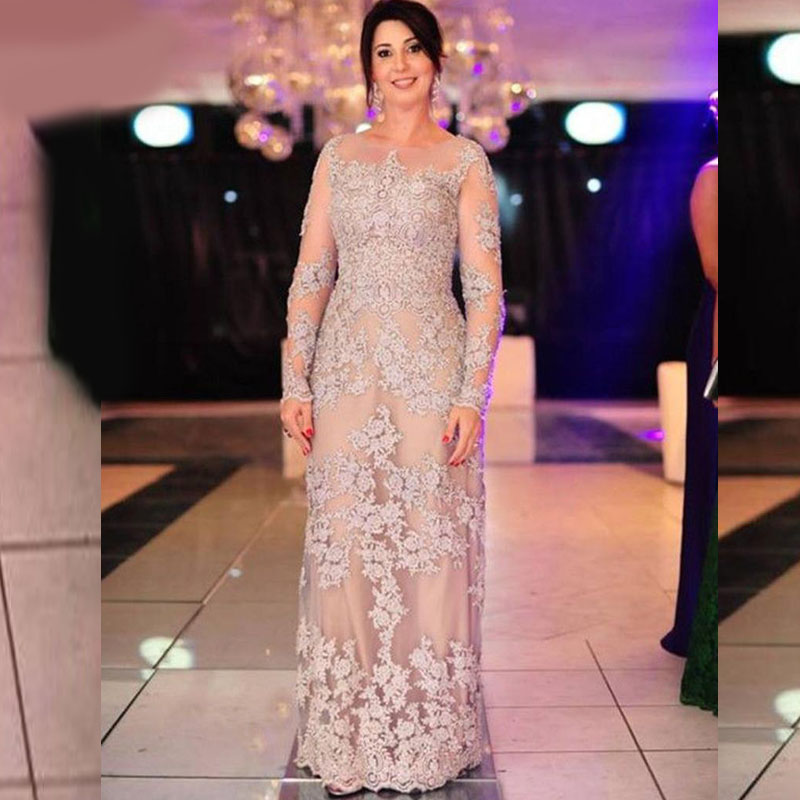Long Sleeve Lace Mother of the Bride Dresses 2019 New Long Sleeve Sheath Wedding Party Gowns Tulle Sheer Woman Formal Evening Gowns