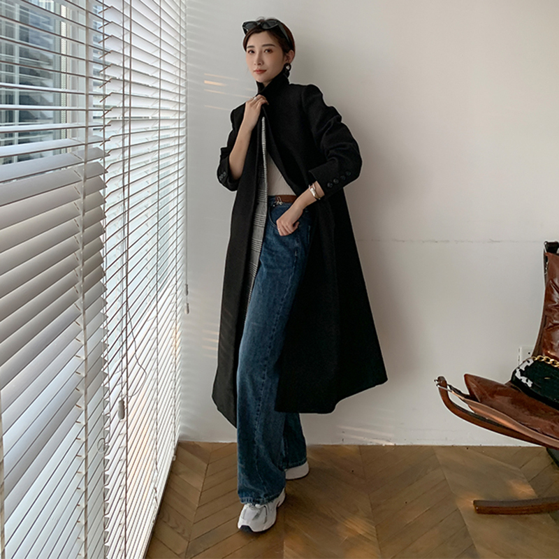EAM Loose Fit Black Plaid Big Size Long Woolen Coat Parkas Long Sleeve Women Fashion Autumn Winter 1DD0741 201222