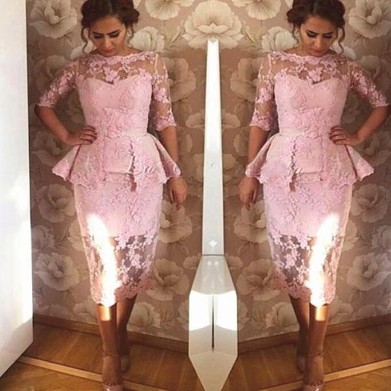 Pink Lace Mother of the Bride Dresse with Overskirt Half Sleeve Tea Length Short Evening Wear Prom Wedding Party Gowns Custom Size