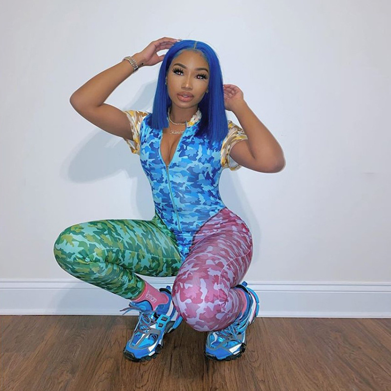 HAOYUAN Sexy Camouflage Two Piece Set Tracksuit Women Summer Clothes Bodysuit and Pant Sweat Suits 2 Piece Outfits Matching Sets T200603