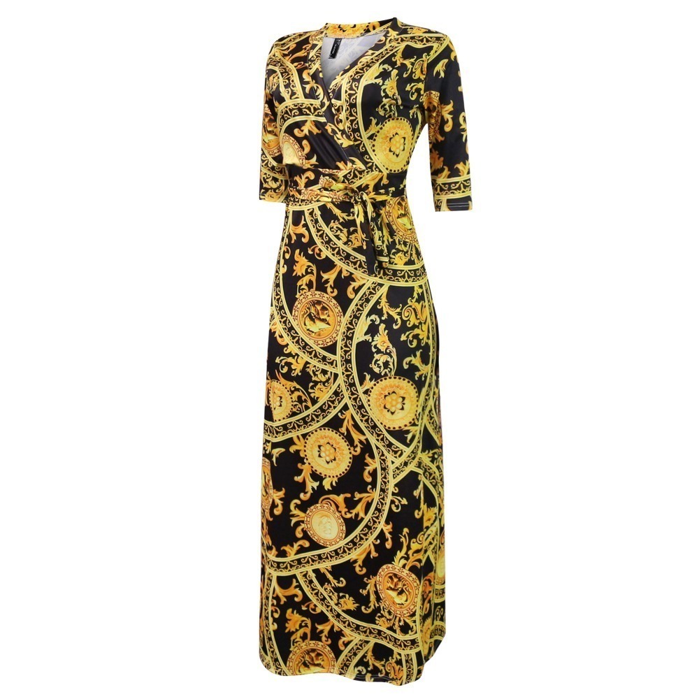 HAOOHU Plus Size chain Bohemian Long Dress Plus Size Women Autumn Winter Tunic Maxi Beach Dress gold Female FloorLength Vestido T200320