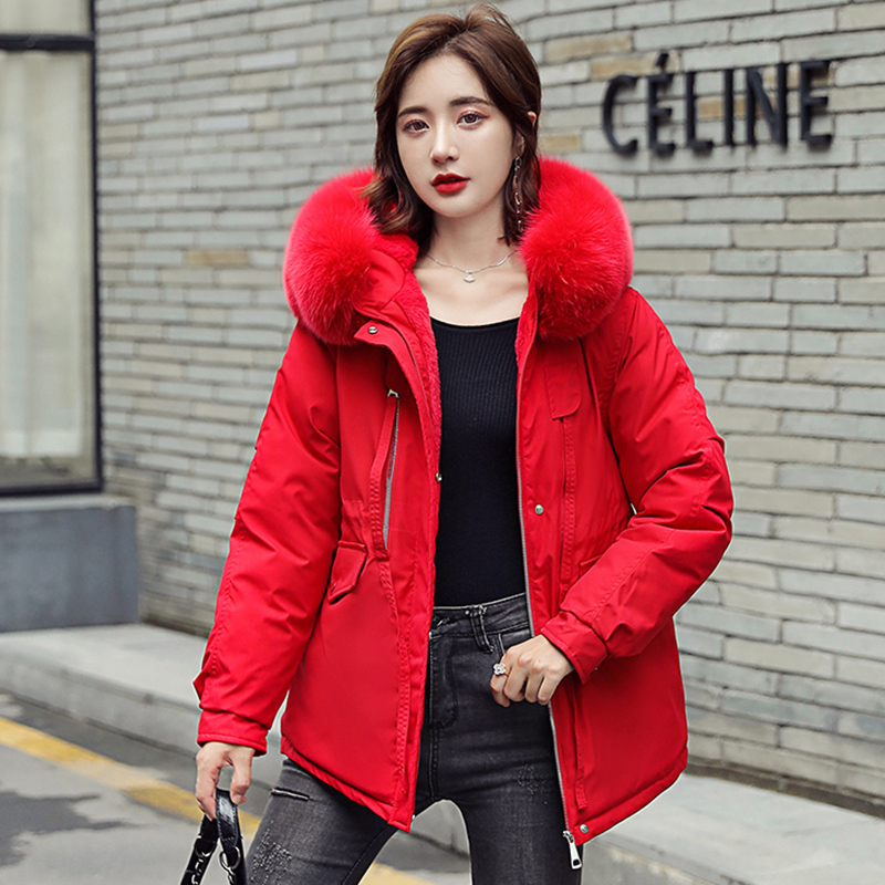 New Winter Women Parkas Thick Warm Down Cotton Jacket Coats Big fur collar Zipper Padded parka Pocket Stand collar Shiny coat 201019