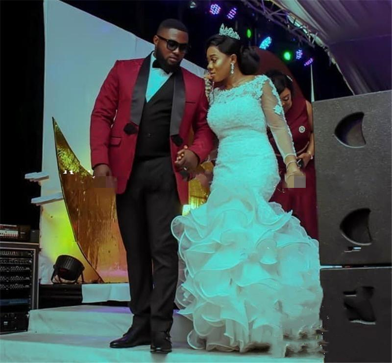 Gorgeous African Long Sleeve Mermaid Wedding Dresses 2022 Ruffles Court Train Trumpet Lace Appliques Wedding Gowns Back Lace-up Plus Size Robes de Mar