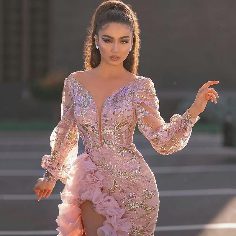 New Arrival Pink Evening Dresses Sexy Split Appliqued Lace Beads Prom Dresses Ruched Tulle Sweep Train Mermaid Party Gowns Pageant Dresses
