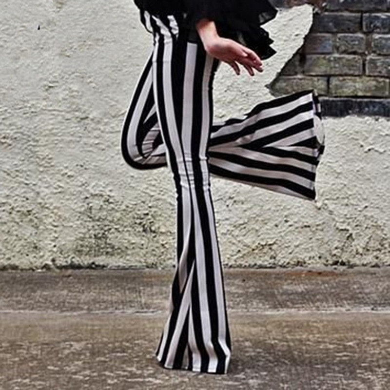 Women Loose Trousers Women's Elegant Black Vertical Striped High Waist Pocket Wide Leg Pants Women Bell Bottoms Flare Trousers 201113